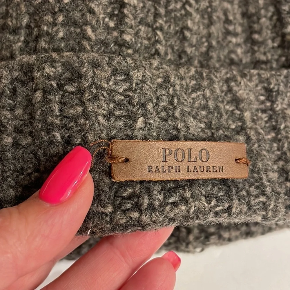 Boys POLO RALPH LAUREN Marino wool beanie hat LOGO leather patch charcoal gray
